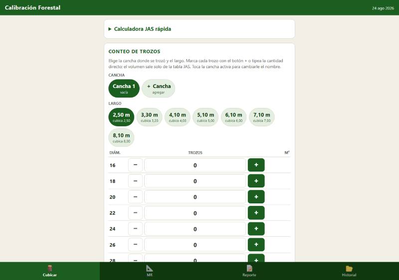 Pantalla de la aplicación de calibración forestal