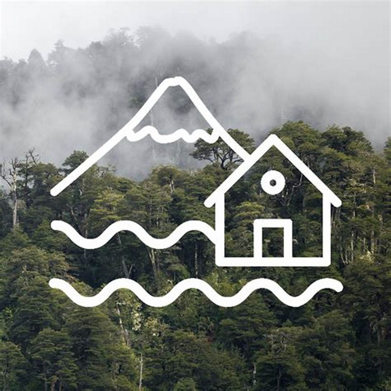 Logo del negocio: una casa y una montaña dibujadas a una línea blanca, sobre ondas de agua, con el bosque en niebla de fondo.