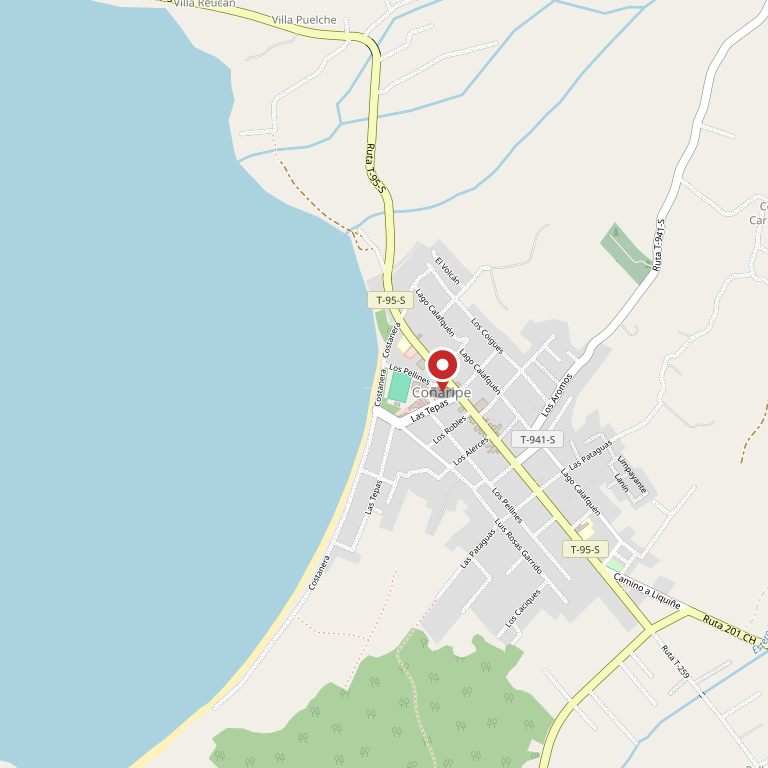 Mapa de Coñaripe: el pueblo entre la playa del lago Calafquén y la ruta, con el centro marcado.
