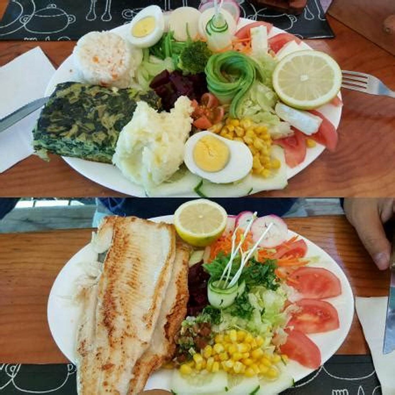 Dos platos: merluza frita con ensalada surtida, y otro con puré y verduras.