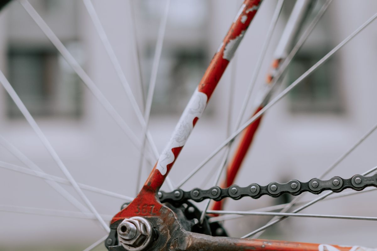 Rueda trasera de una bicicleta con la cadena puesta sobre el piñón
