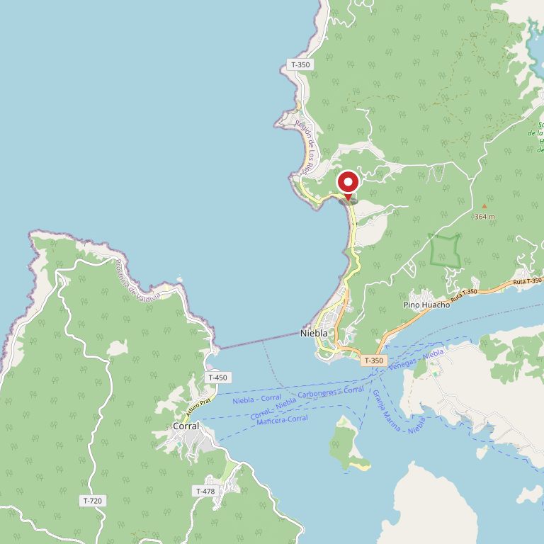 Mapa de la costa de Valdivia: Los Molinos marcado sobre el camino T-350, al norte de Niebla, con la bahía y Corral al frente.