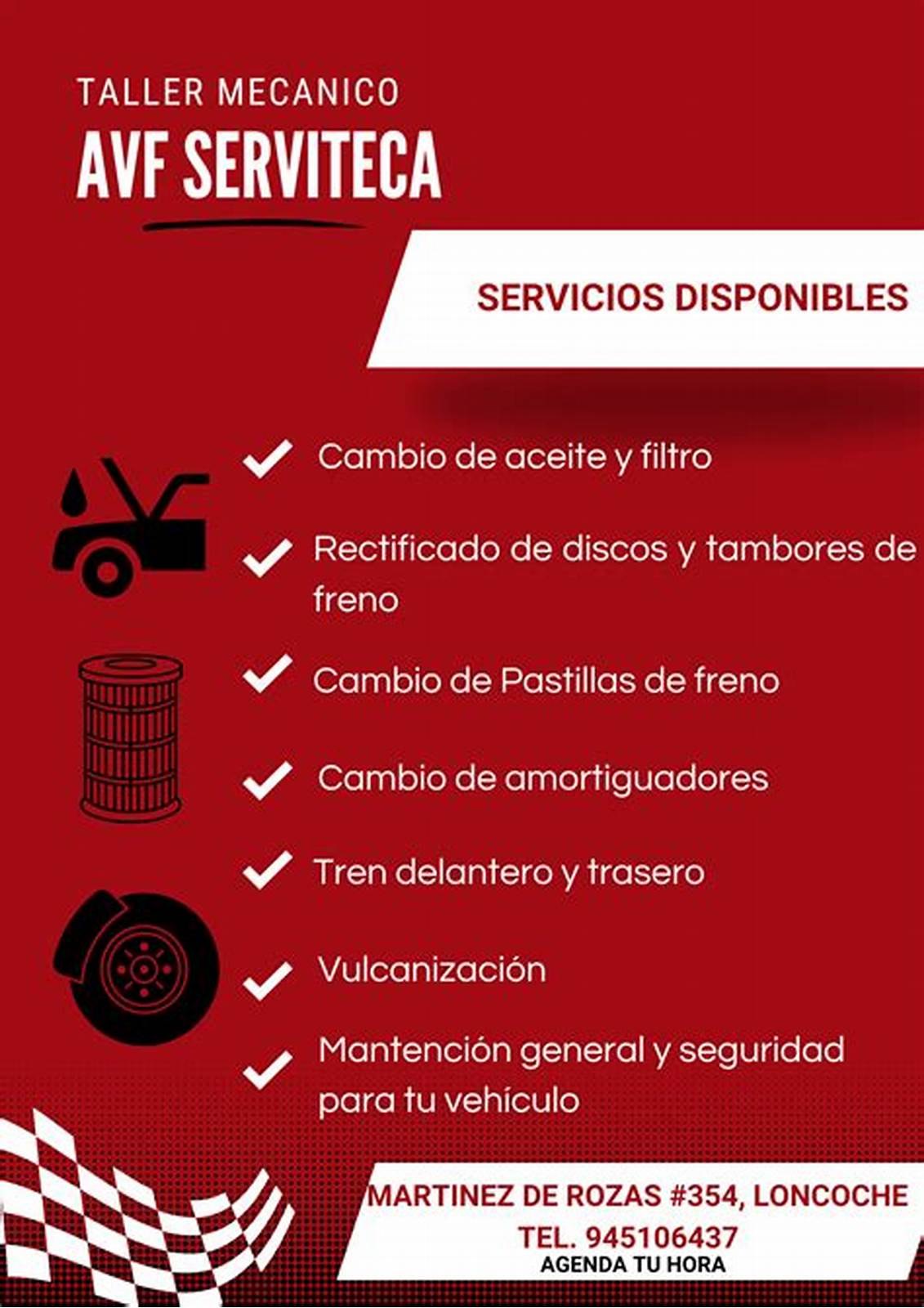 Afiche con la lista de servicios del taller, la dirección en Martínez de Rozas 354 y el teléfono.