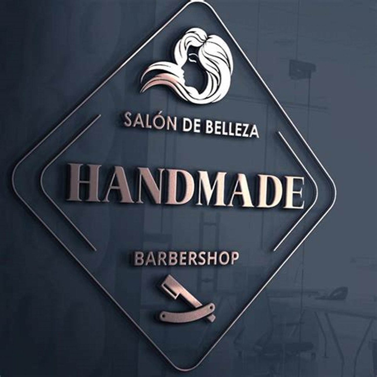 Logo del salón: un rombo con la silueta de un cabello, el nombre Handmade y la leyenda salón de belleza y barbershop.